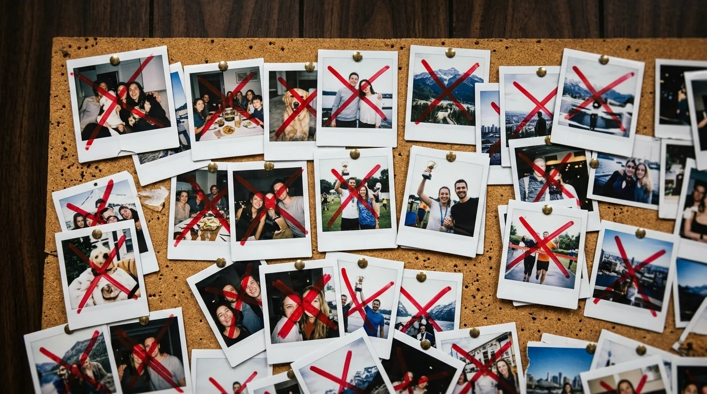 Wall of crossed-out polaroids